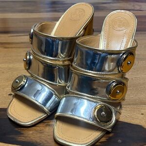 Tory Burch Silver and Gold Mules
